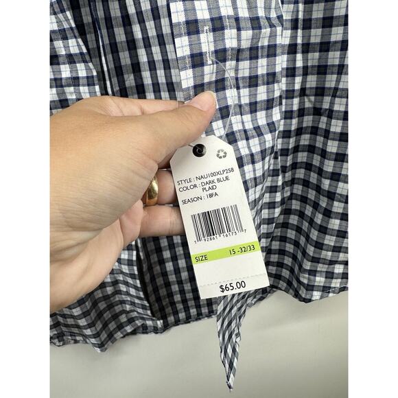 Nautica Dark Blue Plaid Stretch Button Up Dress Shirt Mens 15 32/33 M Adj Collar - Picture 3 of 8